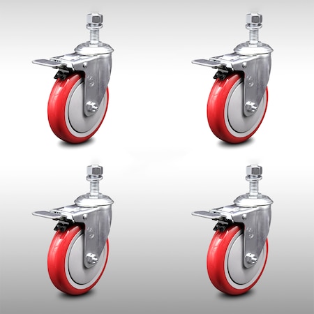 Service Caster 5 Inch SS Red Polyurethane 1/2 Inch Threaded Stem Caster Set Total Lock Brake SCC-SSTSTTL20S514-PPUB-RED-121315-4